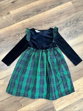 Pippa & Julie Christmas Dress Girls Navy/Green Plaid Velvet top and toile skirt